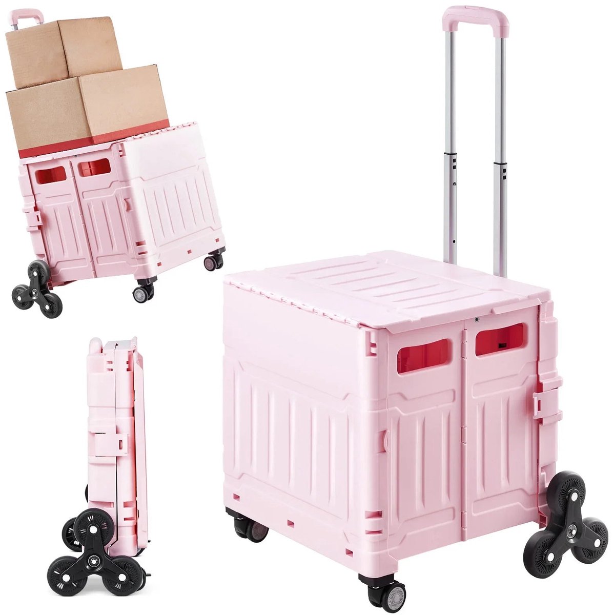 Home & Beyond® Vouwbare Trapklimkar met Deksel en Trekstang - Boodschappenkar en Transportkrat op Wielen - Lichtroze - 65 Liter