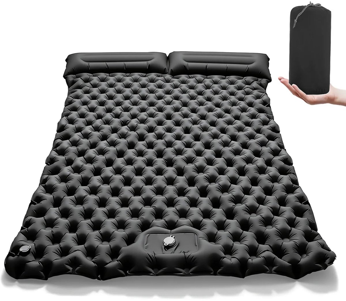 Home & Beyond® Tweepersoons Slaapmat met Kussen en Ingebouwde Voetpomp - Opblaasbaar Campingmatras - Zwart - 190 x 120 x 15 cm
