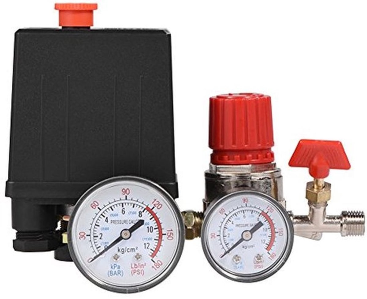 Drukschakelaar Luchtcompressor, 2-G1 / 4 Drukschakelaar Luchtcompressor met Drukregelaar G1 / 8 Veiligheidsklep Assemblagekit met Drukmeters