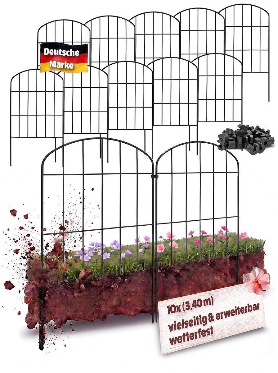 Tuinafscheiding / Modulaire omheining / Hondenhek / Vijverhek – 10 metalen rasterpanelen (43 cm hoog) met gebogen bovenkant – Zwart – V2Aox