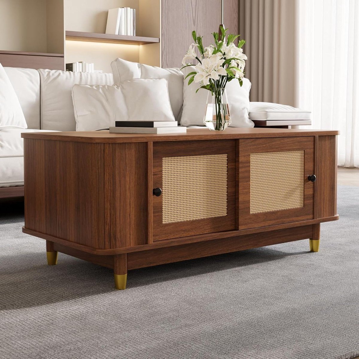 Salontafel met Rotan Deuren - Woonkamertafel Koffietafel - Woonkamer Opbergen - Ruimtebesparende Schuifdeuren - 100 x 50 x 42 cm