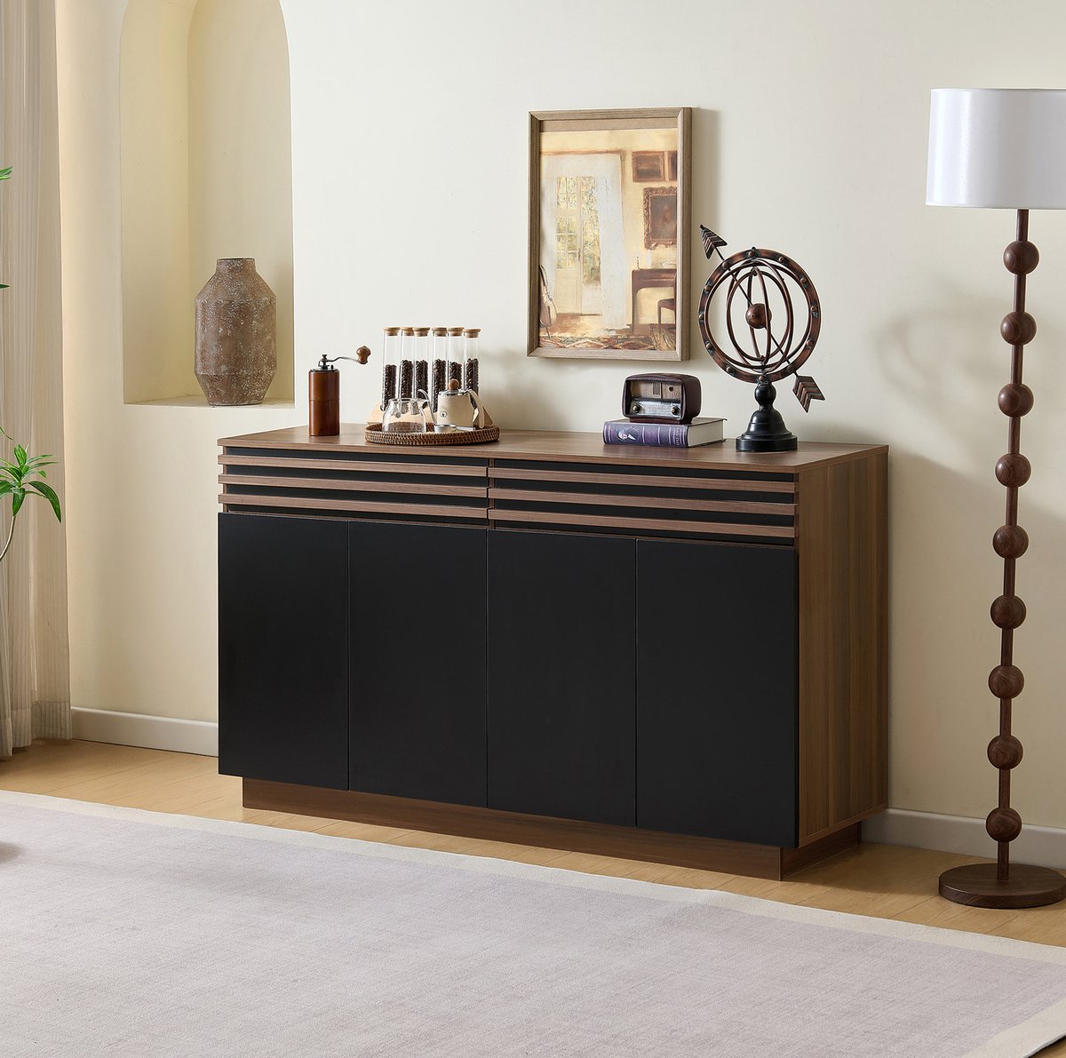 OKWISH Dressoir - Modern Opbergmeubel - 150 x 40 x 85 cm - 2 Lades En 4 Deuren - Voor Woonkamer Eetkamer Of Keuken - MDF Zwart Bruin