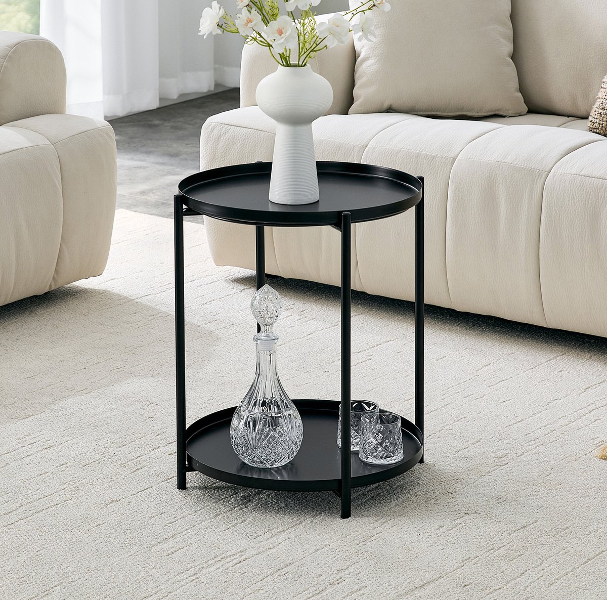 OKWISH Bijzettafel - Rond 2 Niveaus - 42 x 52 cm - Open Opbergruimte Voor Woonkamer En Slaapkamer - MDF En Metaal Zwart