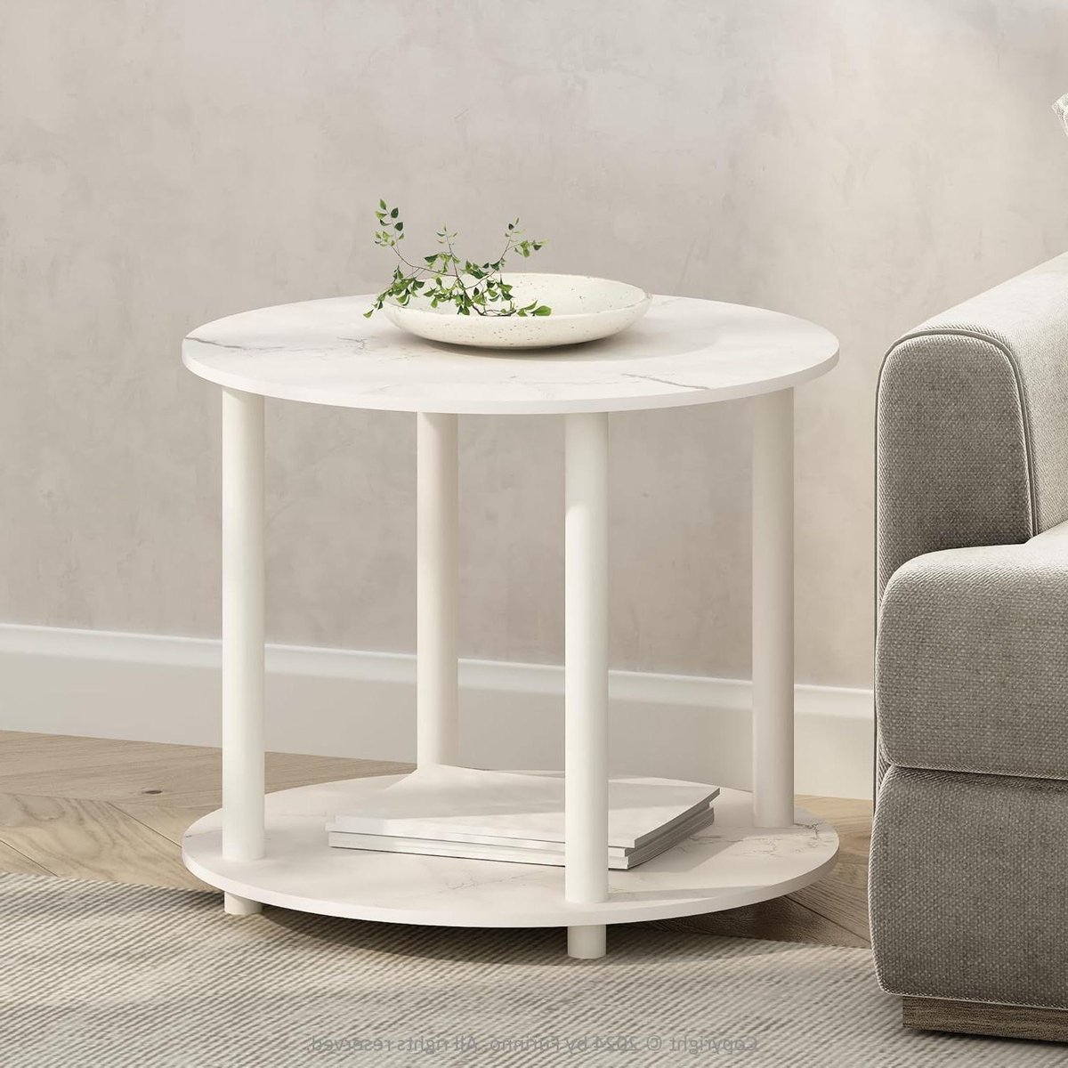 Ronde Bijzettafel - Houten Tafel - Opbergen Woonkamer - Twee Opbergplanken - 60 x 60 x 50 cm - Marmer Wit