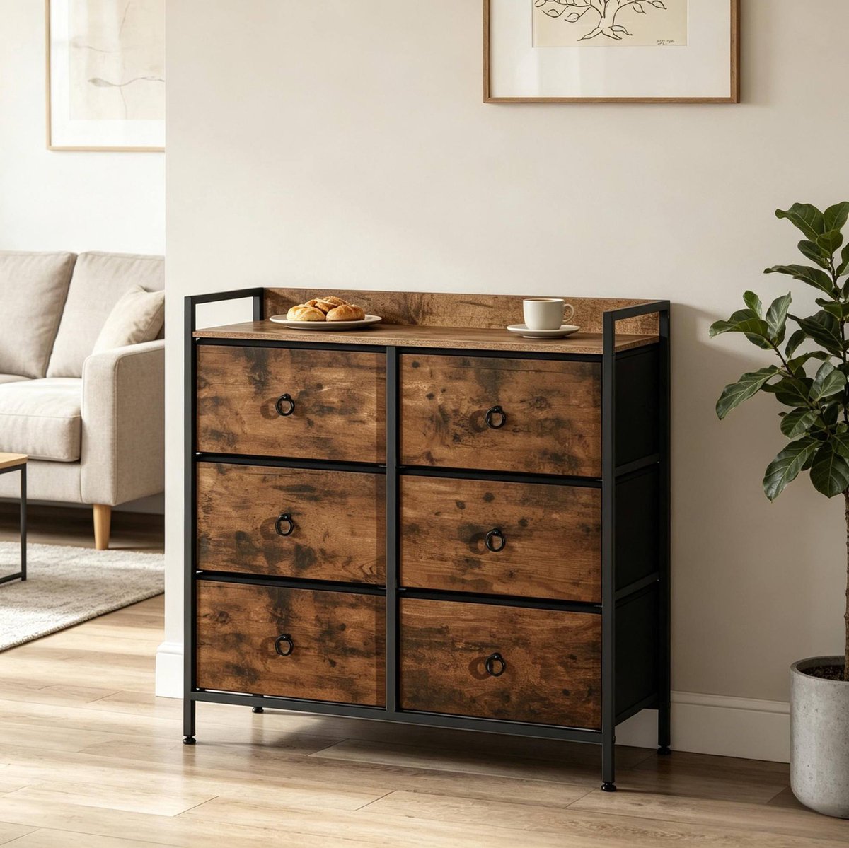 OKWISH Dressoir - 6 Lades - Smalle Opbergkast Voor Hal, Woonkamer En Slaapkamer - Metaal, Hout En Stof Zwart/Rustiek Bruin - 80x29x78 cm