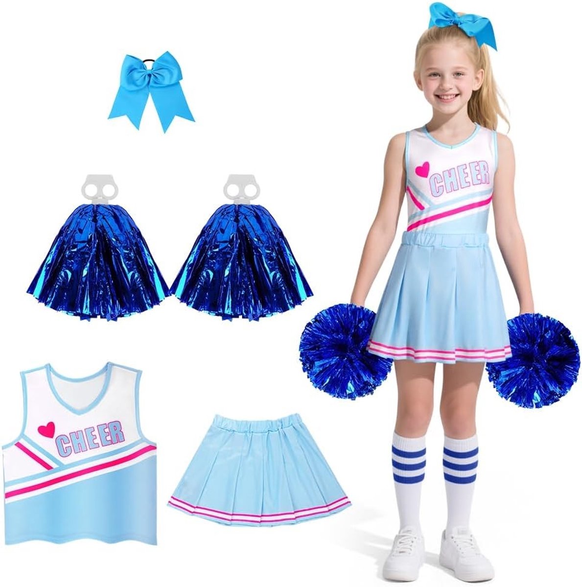 Meisjes Cheerleader Kostuum Set met Rok, Sokken en Haarband - Perfect voor Feestjes en Sportevenementen