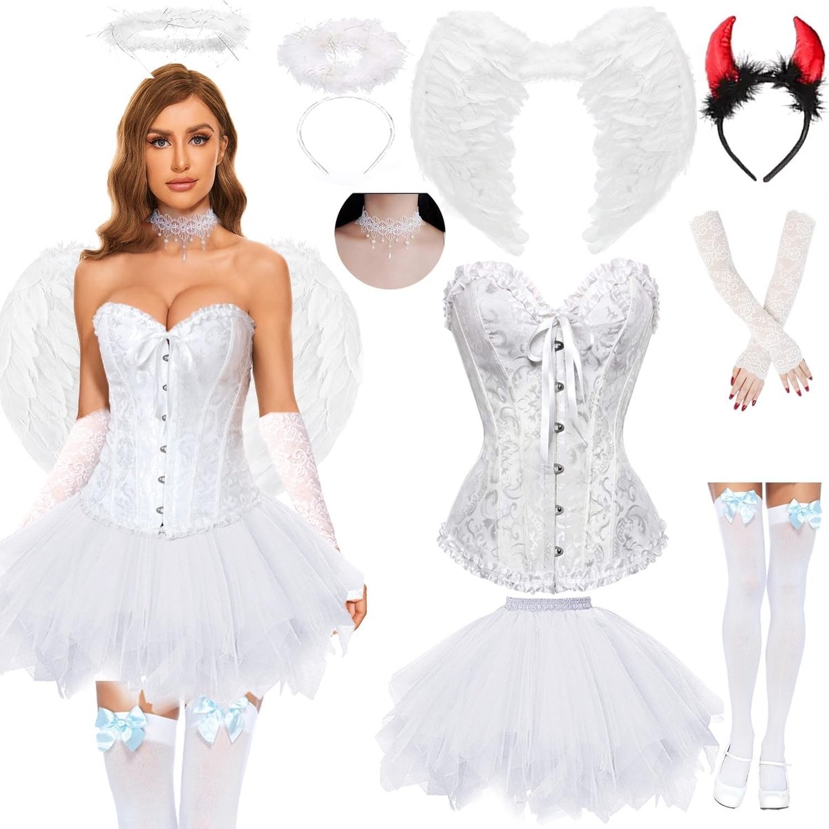 Gothic engel en duivel kostuum met corsage, tule rok, vleugels, haarband, hoorns en accessoires voor Halloween en feesten