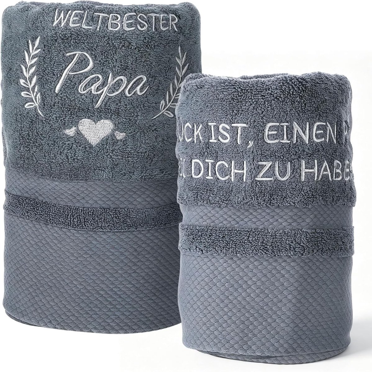 Grijze katoenen geborduurde handdoeken, set van 2, zachte en absorberende badhanddoeken voor dagelijks gebruik, ideaal als cadeau voor Vaderdag of pensioen