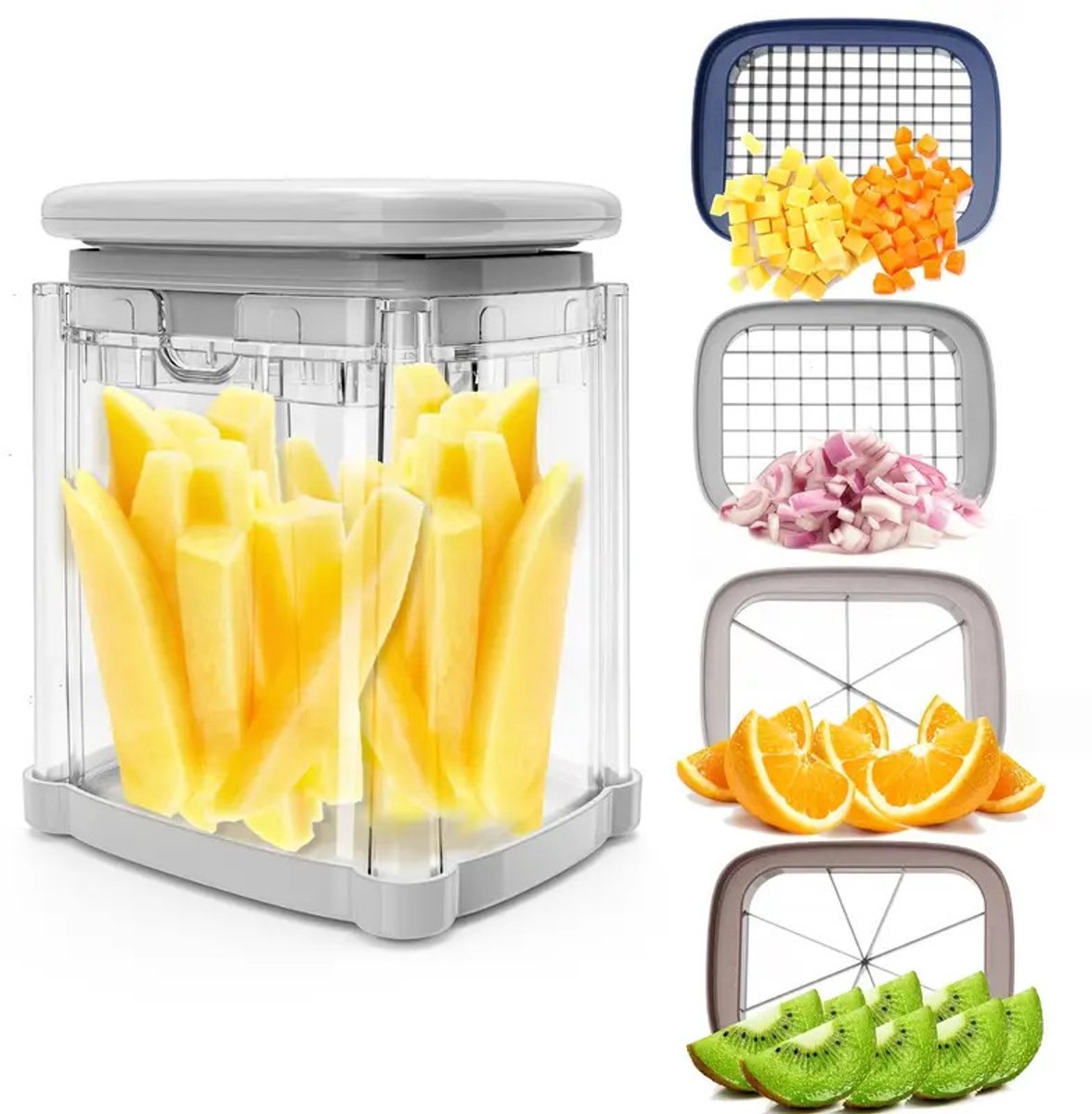 VHV Groentesnijder 4-in-1 - Frietsnijder - Groentehakker met Opvangbak - 4 Verwisselbare RVS Messen - Voor Blokjes, Partjes en Reepjes - Compact en Vaatwasserbestendig