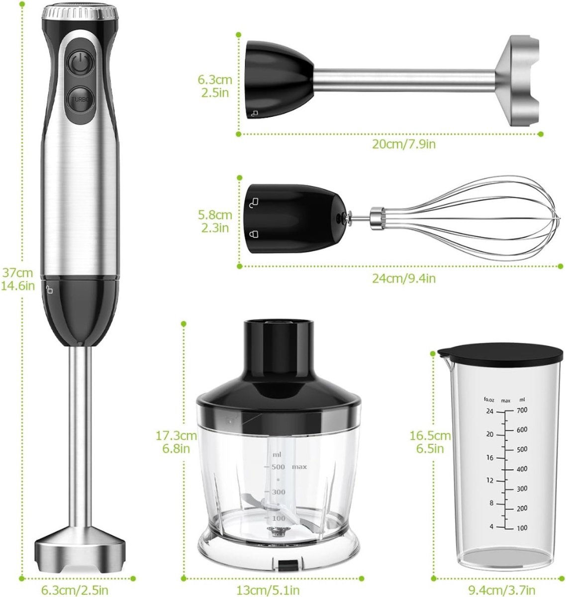 Ploutos® Staafmixer Set - Elektrische Staafmixer 4-in-1 - Snijbeker Van 500 ml - Zwart - 10cm x 10cm x 37cm