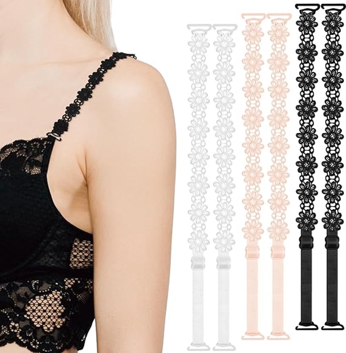 Bh-bandjes - spaghettibandjes - 3 paar - Kanten bh-bandjes met bloemmotief voor dames - elastisch en verstelbaar - Vervangingsset bh-bandjes - Antislip bh-bandjes, geschikt voor vrouwen en meisjes - (wit, beige, zwart)