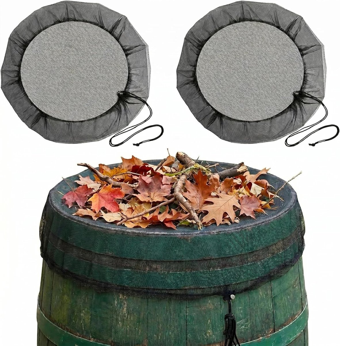 Fijnmazige regentonafdekking met trekkoord, 100 cm verstelbaar, weerbestendige muggenbescherming en optimale waterfiltering, 2 stuks