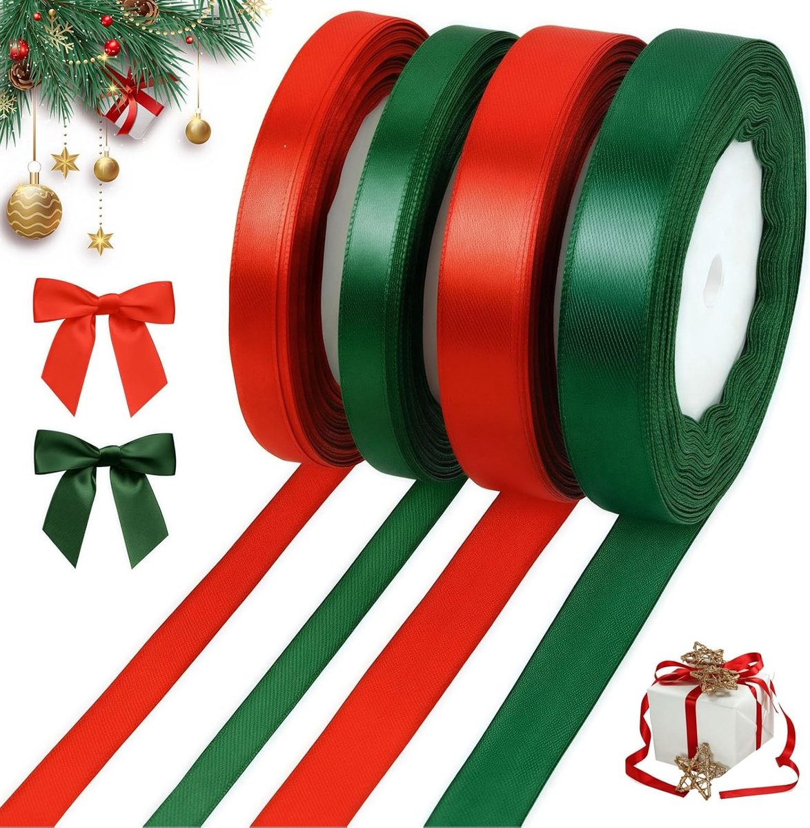 Set van 4 Kerstlinten in Satijn - Rode en Groene Cadeaulinten 1cm en 2cm × 22m, Versierlint voor Verpakking, Decoraties en Feestelijke Aanpassingen