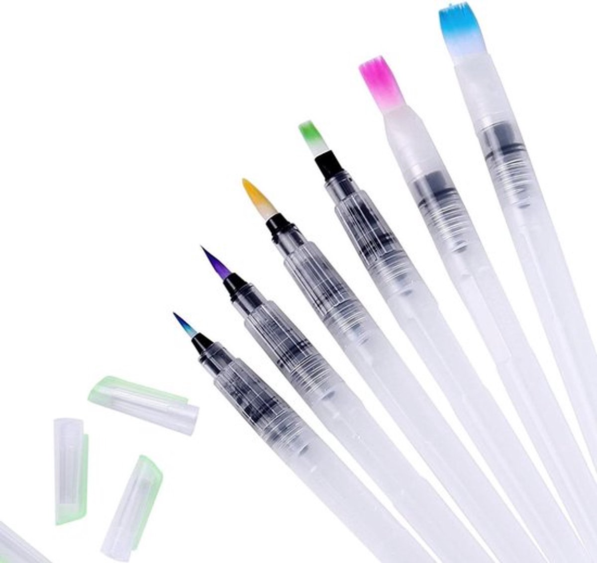 Set van 6 aquarelpenselen met geïntegreerde watertank voor gemakkelijk schilderen, inclusief verschillende formaten voor fijne details en brede streken