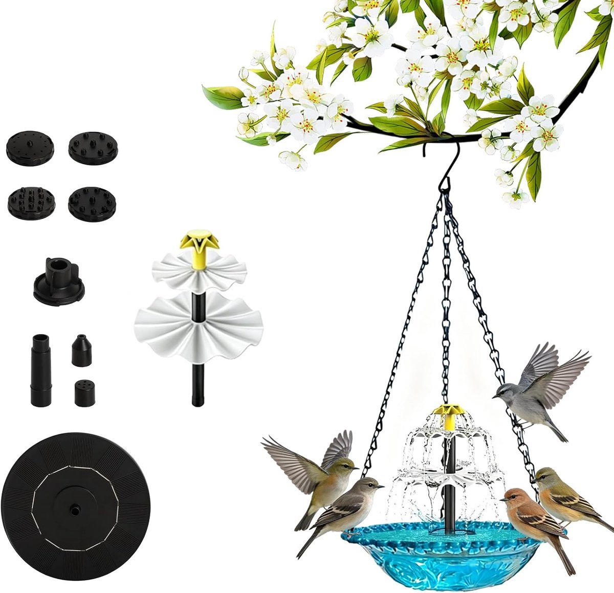 Vogelbad Hangend met Solar Fontein - Blauwe Vogeldrinkbak voor Balkon en Tuin - Duurzame Tuindecoratie op Zonne-energie-Blauw