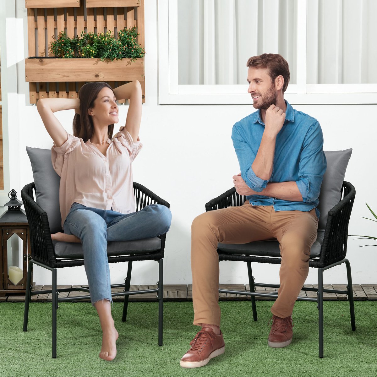 Tuinstoel 2er Set Met Kussens En Armleuningen - Boho-Stijl - Voor Terras En Tuin - Staal - Zwart