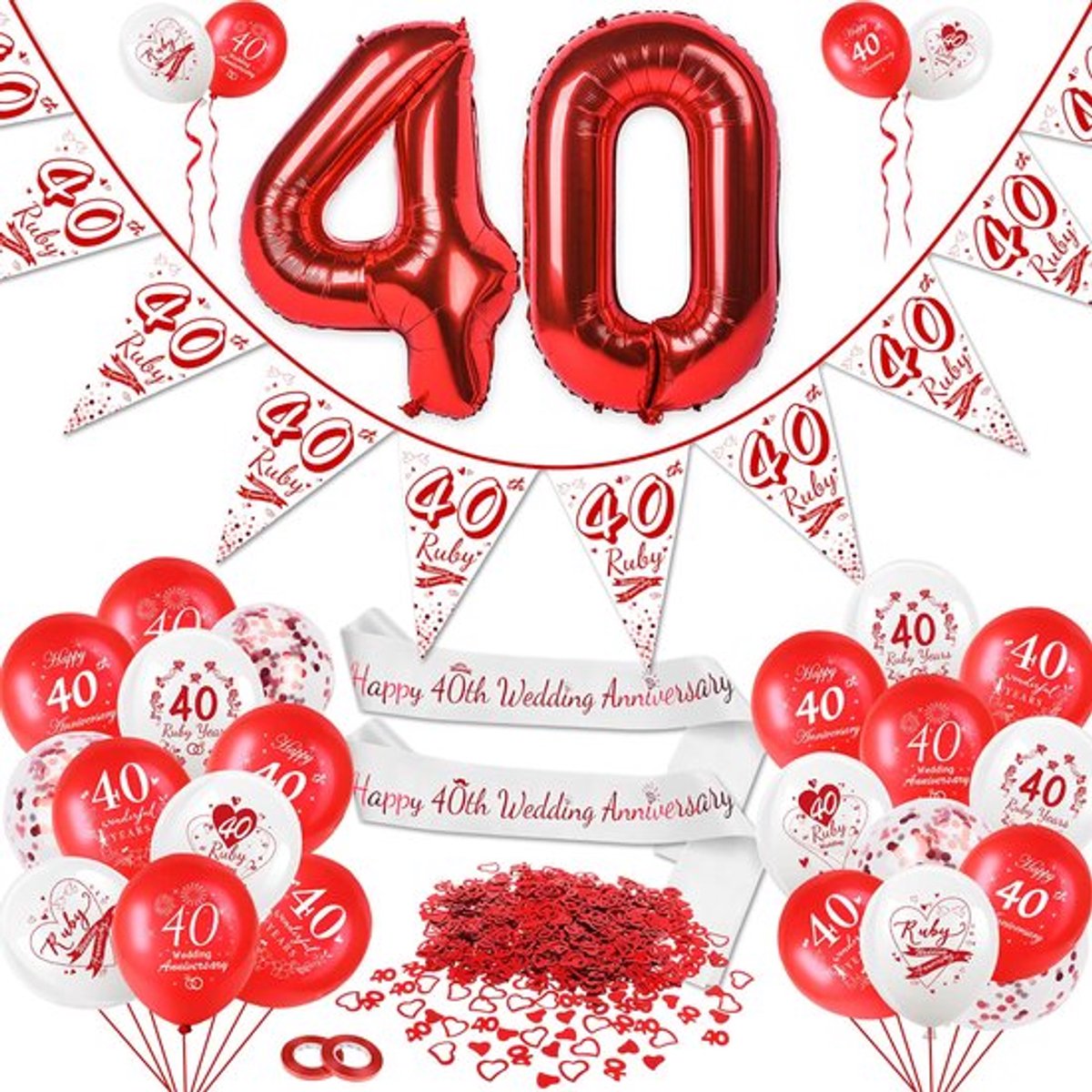 Ruby 40e huwelijksverjaardag robijn decoraties, ballonnen, vlaggenlijn banner sjerpen, rood cijfer 40 hart confetti