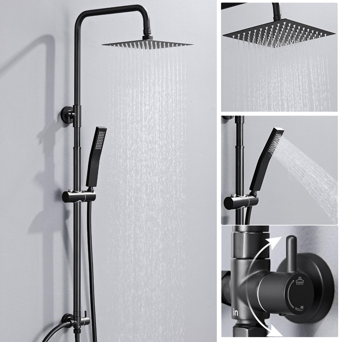 Auralum Max Douchesysteem - Zwart Doucheset - Regendouche 20 cm - Vierkant Design - Duurzame Messing Omsteller - Verstelbare Hoogte 72-110 cm - Waterbesparend - Zwart