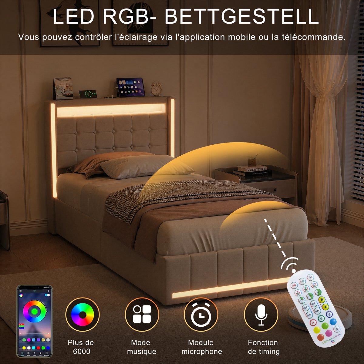 Gestoffeerd bed van 90x200 cm, eenpersoonsbed met opbergruimte en ledverlichting, kinderbed/logeerbed, lattenbodem, met opbergbox, beige, linnen, zonder matras