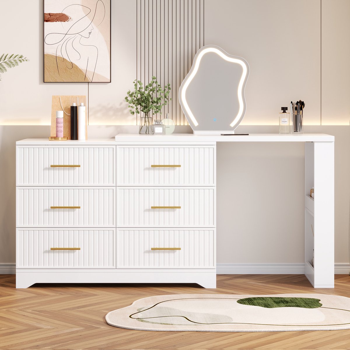 Wishdor - Bureau - Draaibaar L-vormig kaptafelbureau - 7 lades en LED-spiegel - Modern - Slaapkamer of thuiskantoor - Houtlook - Wit en goud - 110 x 40 x 129 cm