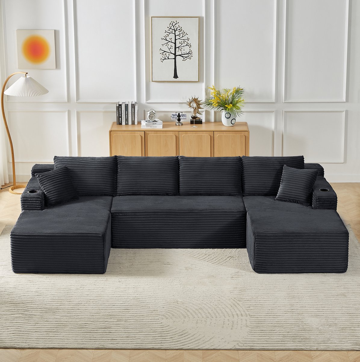 Wishdor - U-bank - modulair 6-zits ontwerp - diepe zit en lounge-opstelling - minimalistisch - woonkamer - corduroy stof - donkergrijs - zonder montage