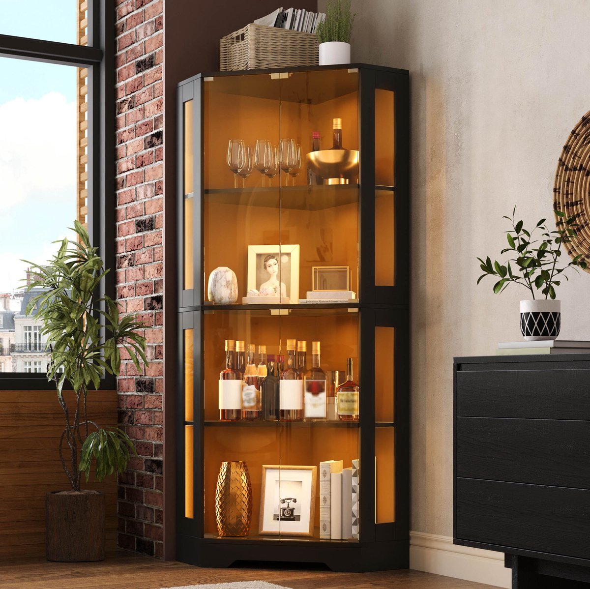 Wishdor - Glazen vitrinekast - Hoekkast met LED en veiligheidsglas - Modern - Voor keuken en eetkamer - MDF - Zwart - 40 x 40 x 165 cm