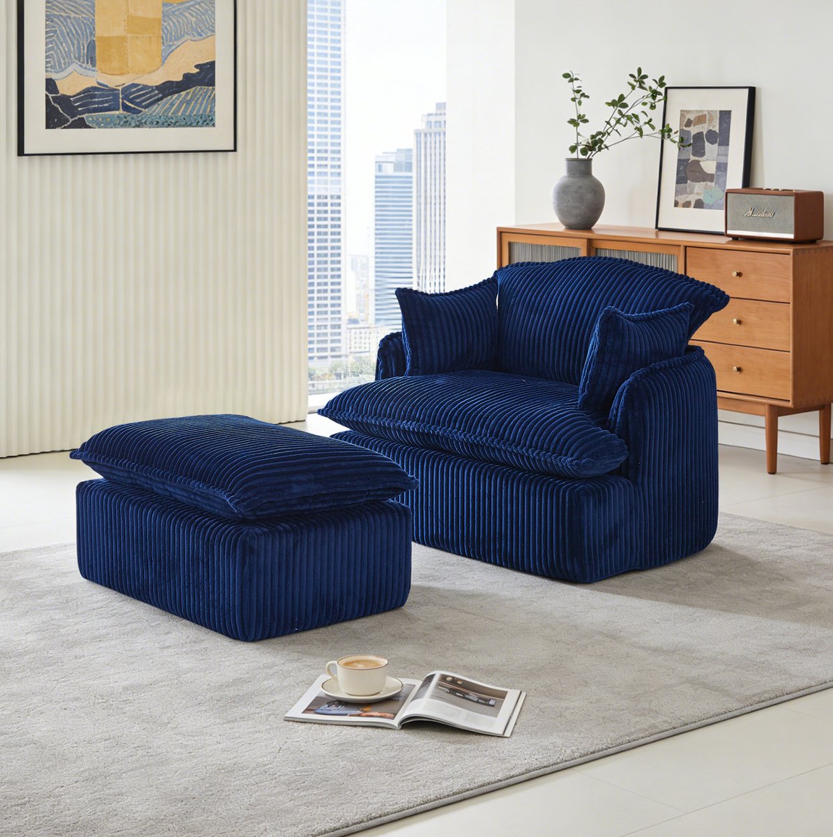 FloraGrace Fauteuil 115 x 89 x 77 Cm - Met Hocker En Zachte Ribstof - Voor Woonkamer Of Studentenwoning - Stof - Blauw