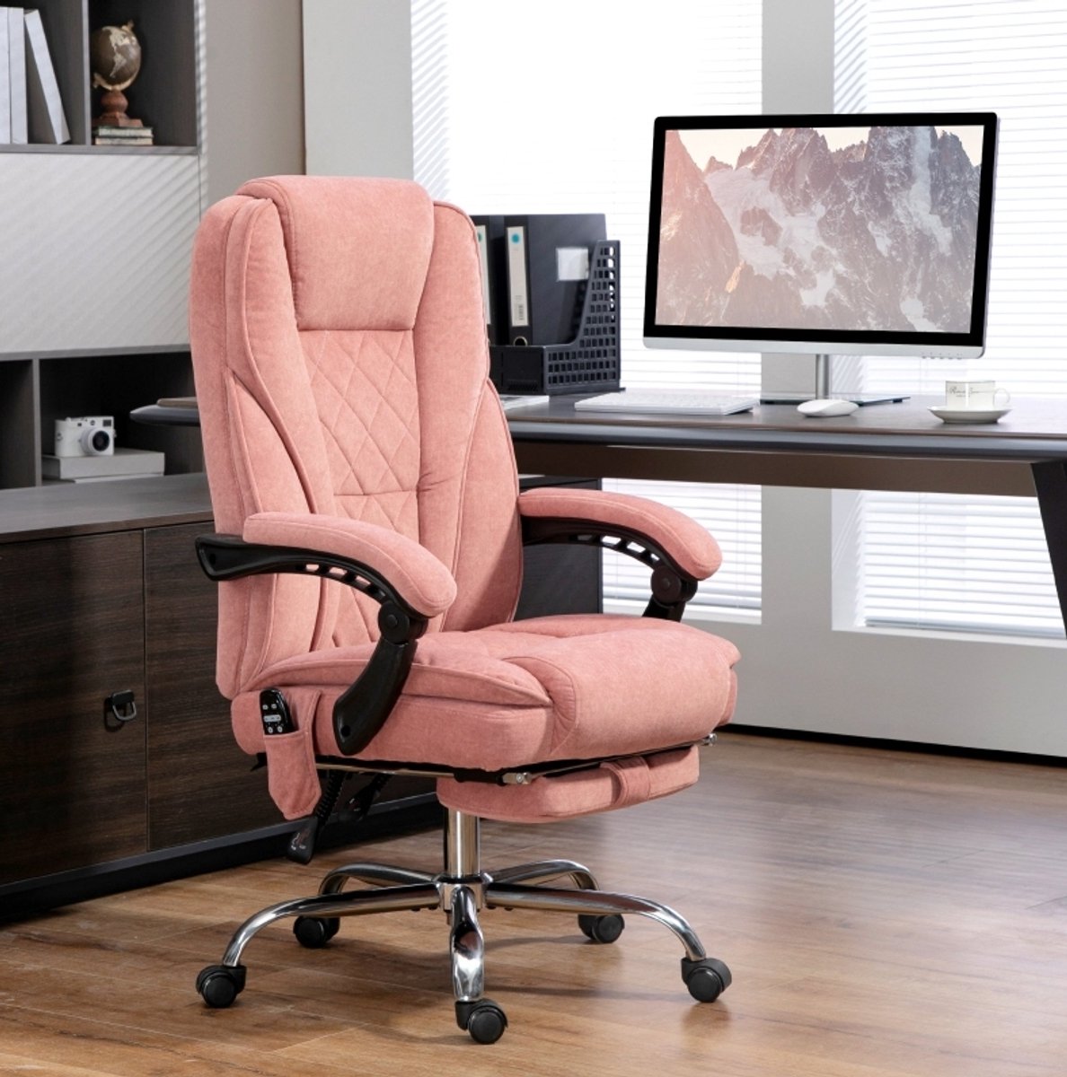 DESMIU Bureaustoel 67 x 72 x 111-119 cm - Vibratiemassage, Verwarming En 135 Graden Ligstand Met Voetsteun - Voor Kantoor En Thuiswerkplek - Polyester Roze