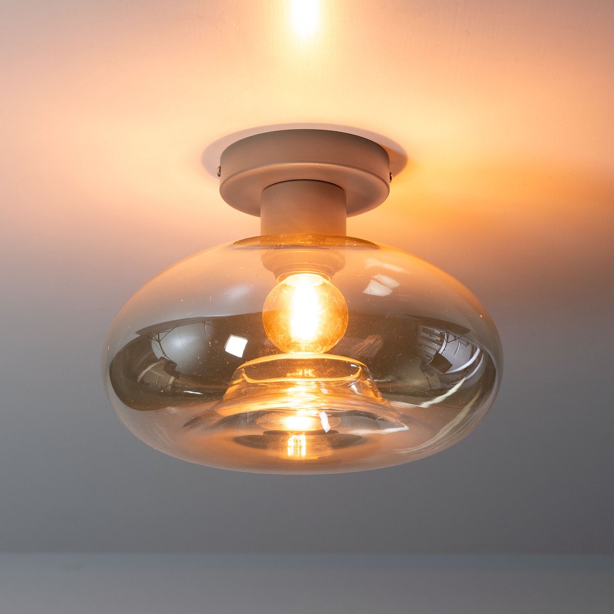 PS-Collection Plafondlamp Beige Glas Metaal 1-lichtpunt - Soll - plafonniere, plafond lamp, plafondlamp industrieel, plafondlampen