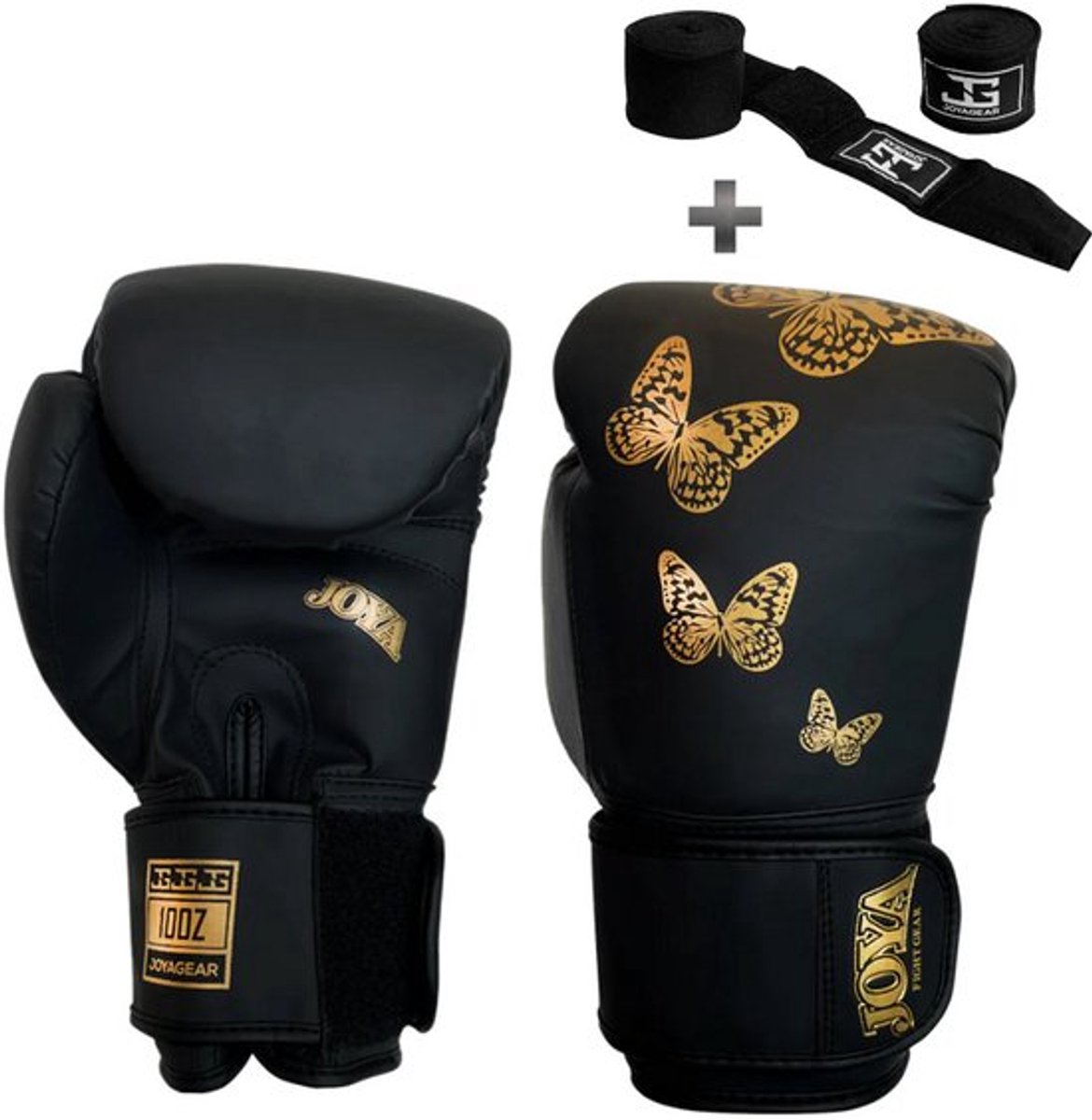 Joya Butterfly Kickbokshandschoenen voor Kinderen - 10 oz – Zwart/Goud – Synthetisch Leer – Optimale Schokabsorptie – Inclusief Bandage - Joya Fight Gear