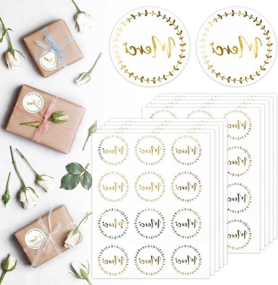 Bedankstickers etiketten zelfklevend - Set van 120 stuks - Merci-stickers - Goudfolie - Voor geschenken en enveloppen