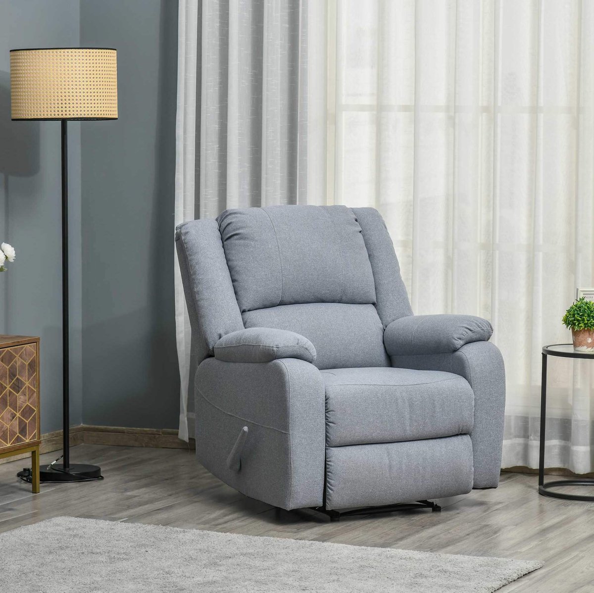 FloraGrace Relaxfauteuil 90 x 96 x 98 cm - Handmatig Verstelbaar Tot 148 Graden Met Voetensteun En Zijvak - Voor Woonkamer - Polyester - Lichtgrijs