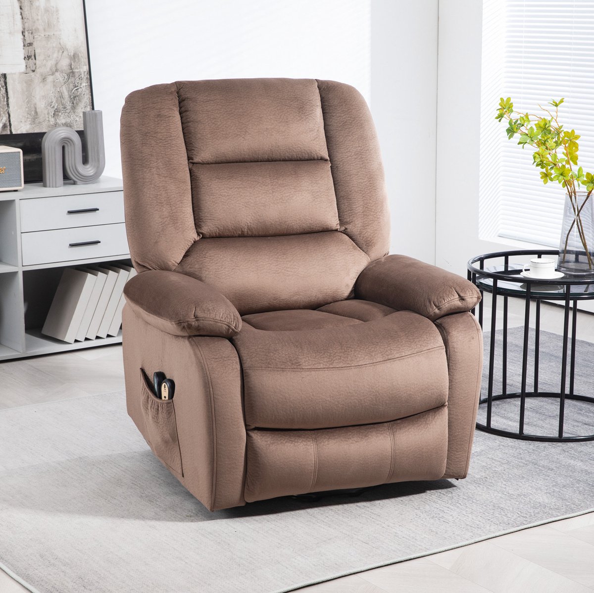 FloraGrace Relaxfauteuil 90 x 93 x 110 Cm - Elektrisch Verstelbaar Met Sta-Opfunctie, Massage En Warmte - Voor Woonkamer - Stof - Bruin
