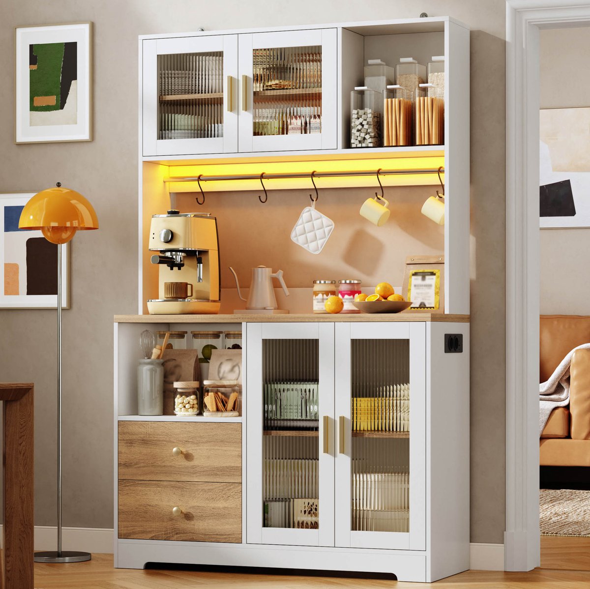 OKWISH Keukenkast – Hoge Kast Met LED En Stopcontact – 110 x 40 x 178 cm – 4 Deuren – Opbergruimte Voor Keuken En Eetkamer – MDF Wit Met Houtlook