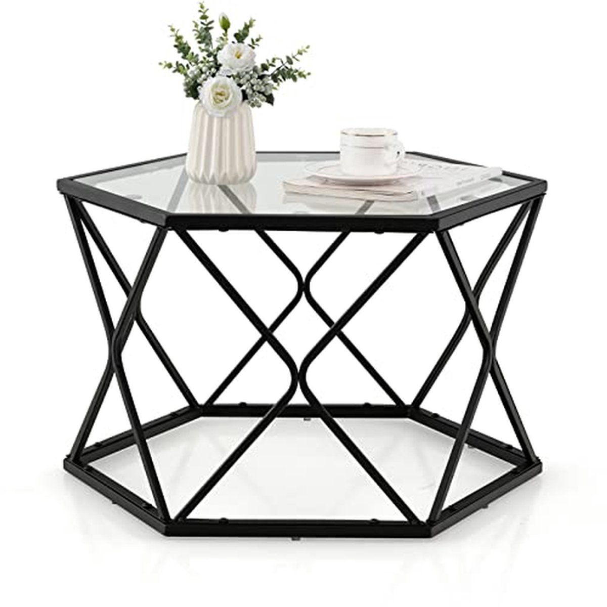 Zeshoekige Salontafel - Glazen Tafel Bijzettafel - Woonkamer Decoratie - Veilig Gehard Glas - 65 x 405 x 565 cm