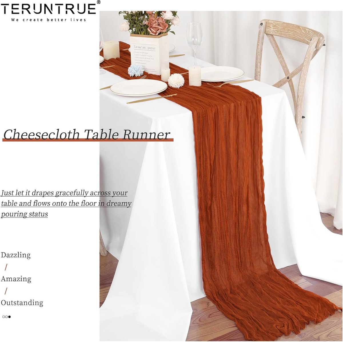 Kaasdoek Tafel Runner - Tafeldecoratie Stof - Feestelijke Decoratie - Handgeverfde Kleur - 300 x 55 cm - Terracotta