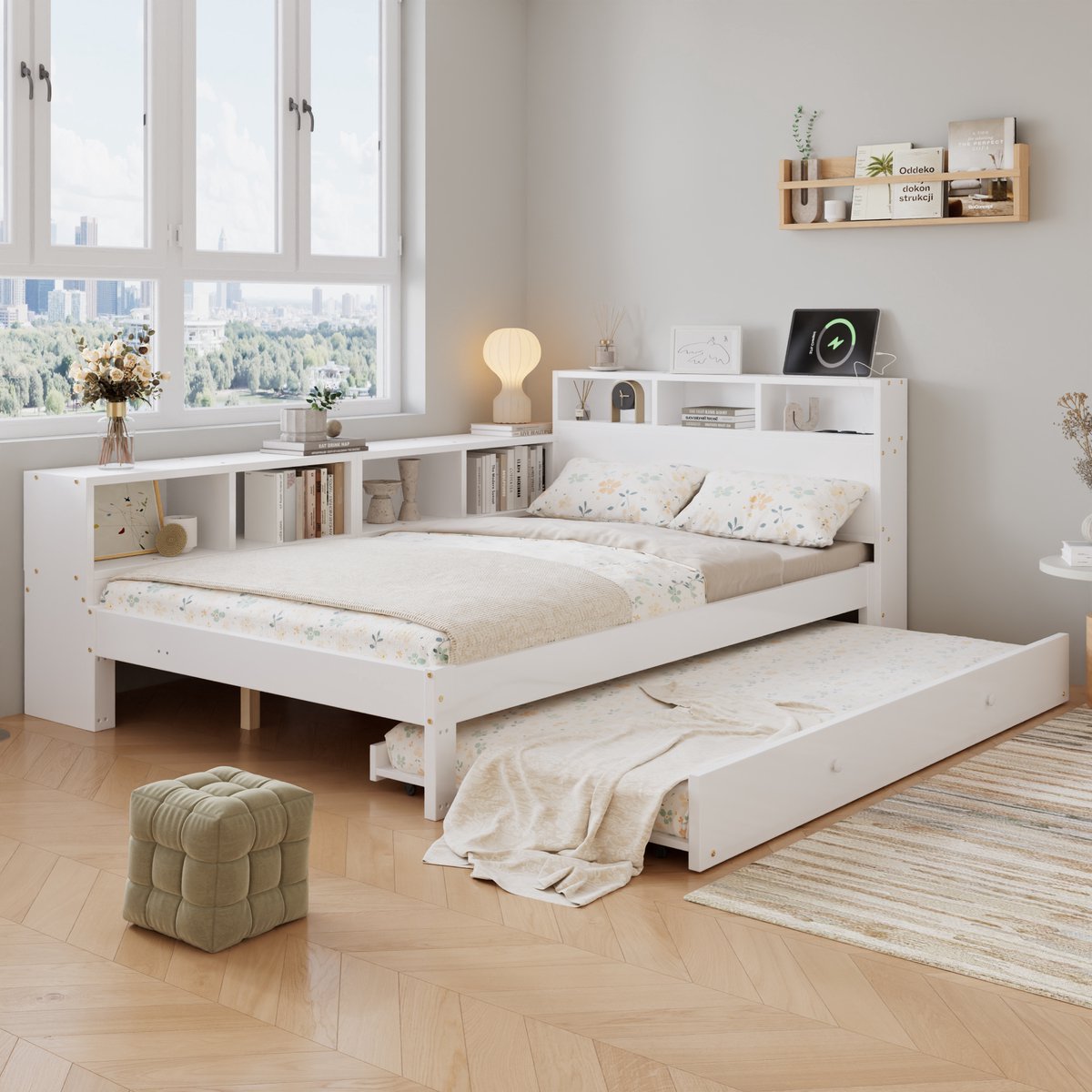 Wishdor Bed 120x200 cm met uitrolbed 90x190 cm - flexibel links/rechts monteerbaar - hoofdsteun met laadstation - wit houten functiebed