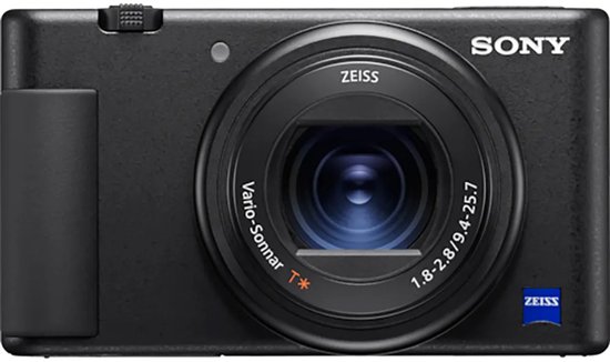 Zwarte Sony camera met lens en de tekst 'ZEISS Vario-Sonnar T*'.