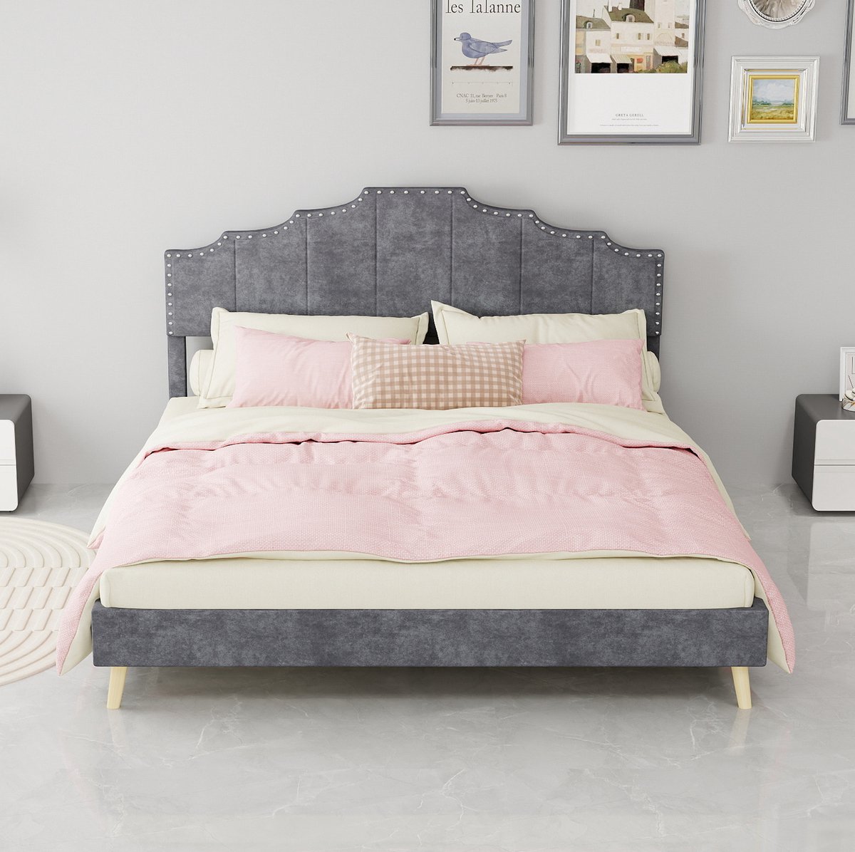 STILVORA Gestoffeerd Bed 160x200 cm – Zacht Hoofdbord Met Geometrisch Design – Lattenbodem – Zonder Matras – Tweepersoons Slaapkamer – Grijs