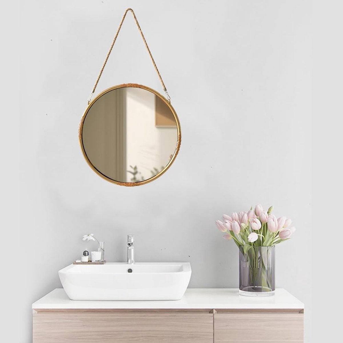 Ronde Wandspiegel met Ketting voor Decoratie in Badkamer, Woonkamer en Slaapkamer - 37,5 cm Diameter (Goud)