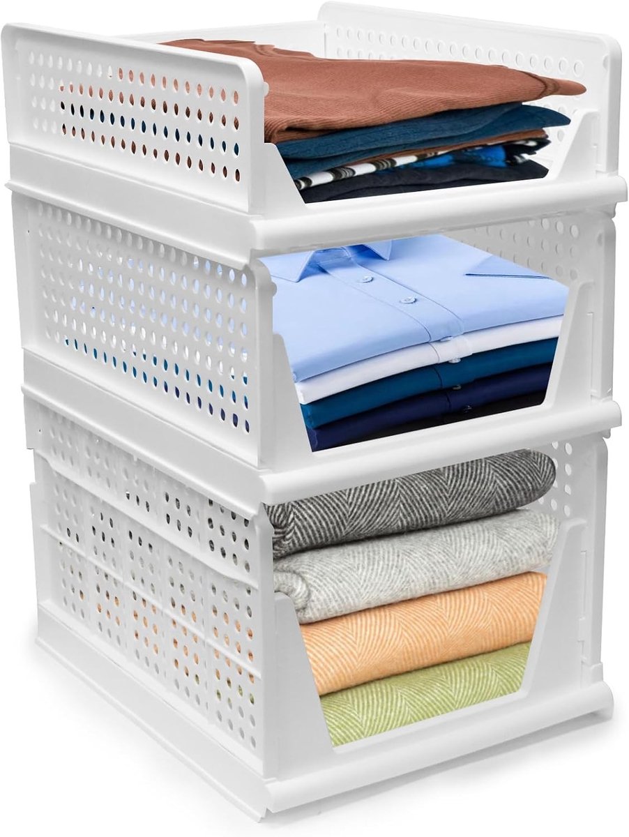 Opbergmanden voor Kleding en Speelgoed - Stapelbare Organizers voor Kasten, Badkamer en Kantoor - Duurzaam en Ademend Plastic in 3 Maten voor Efficiënte Opslag