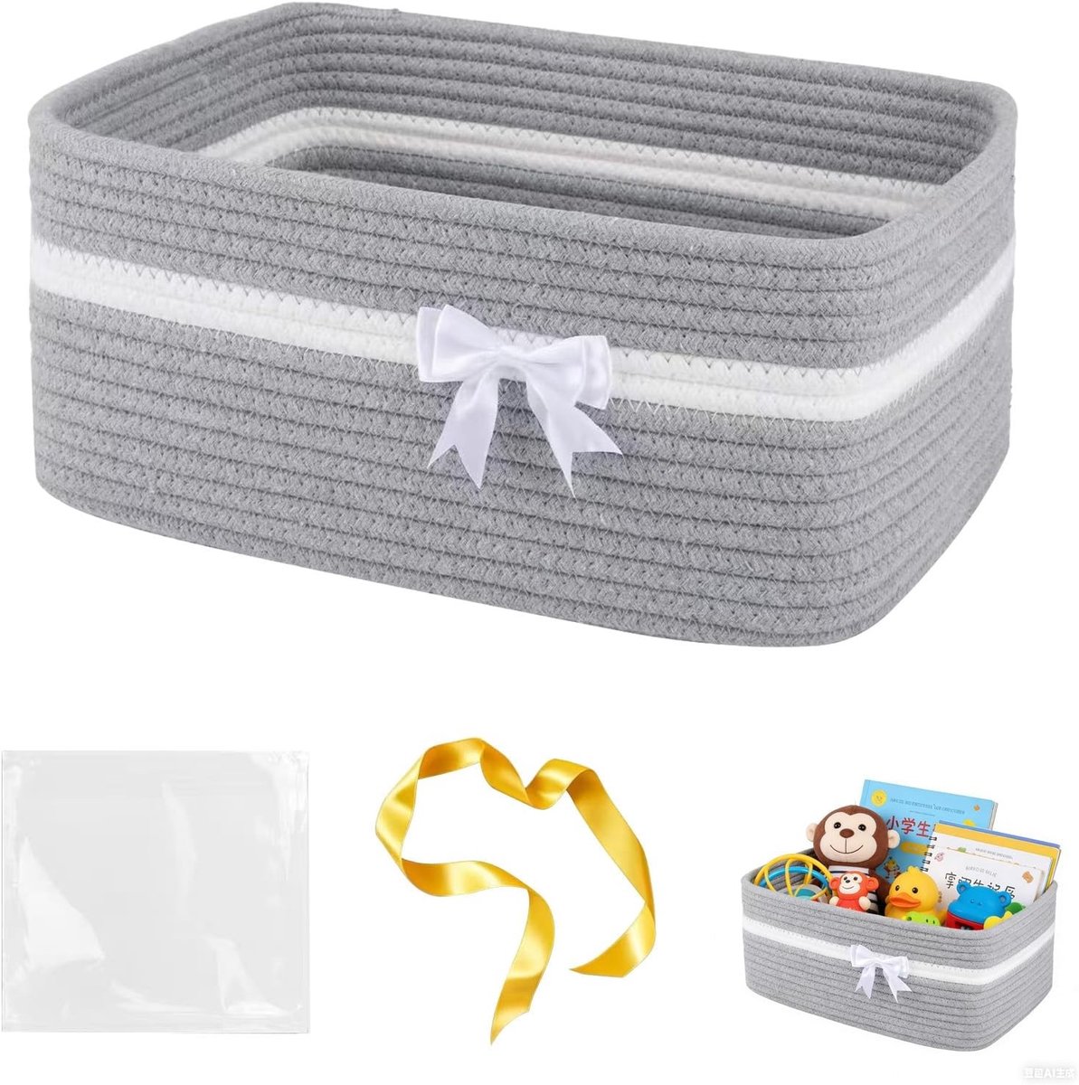 Gevlochten opbergmand met handgrepen voor speelgoed, badkamer en woonkamer, multifunctionele mand voor organisatie en decoratie (grijs)