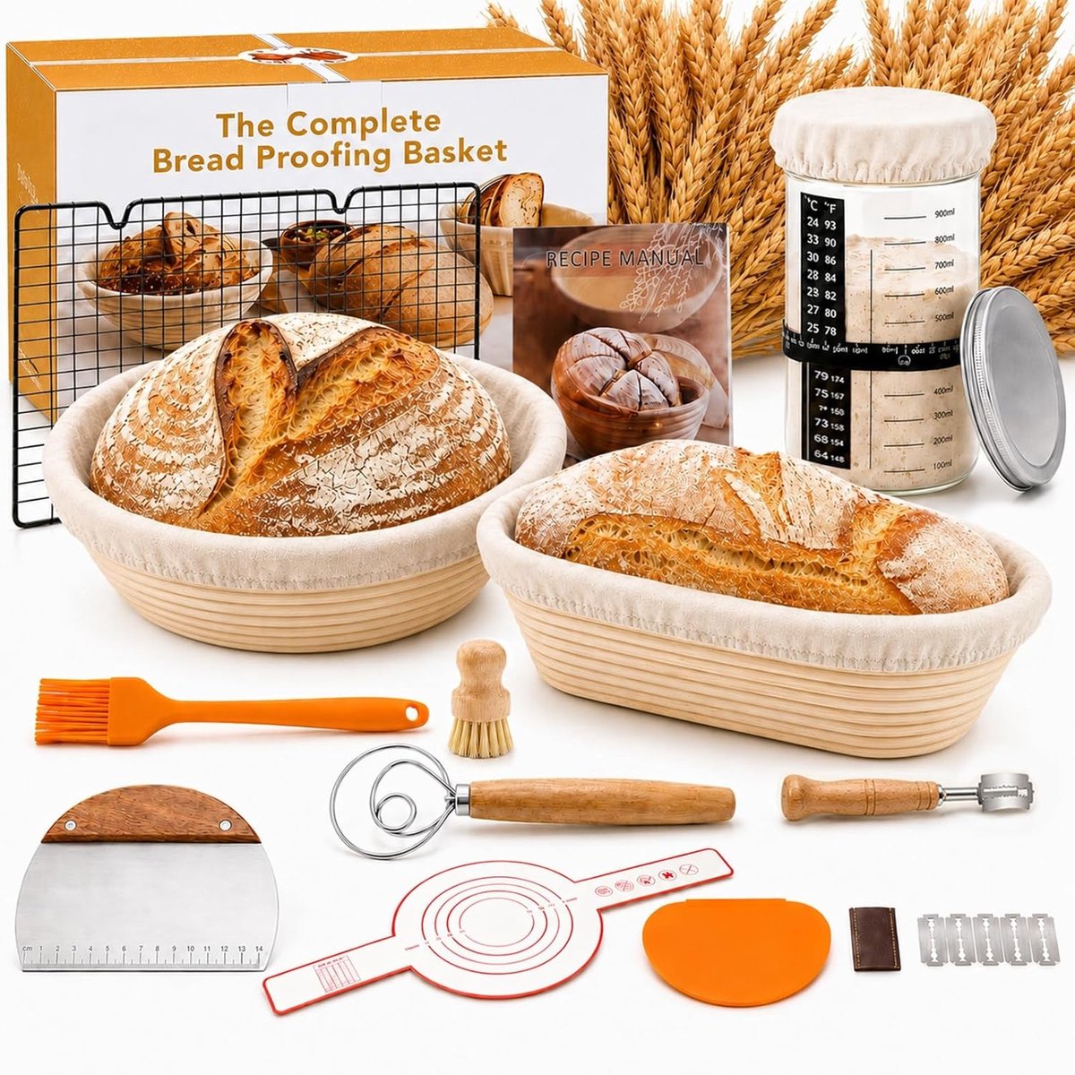 Complete Zuurdeeg Starterset met Gistmand, Rijsmand, Deeggarde en Broodaccessoires voor Beginners en Ervaren Bakkers