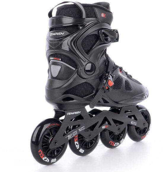 Zwarte inline skates met rode accenten en vier wielen. Zichtbaar: 'TEMPISTH', '4K' en 'SAFETY FLEX'.