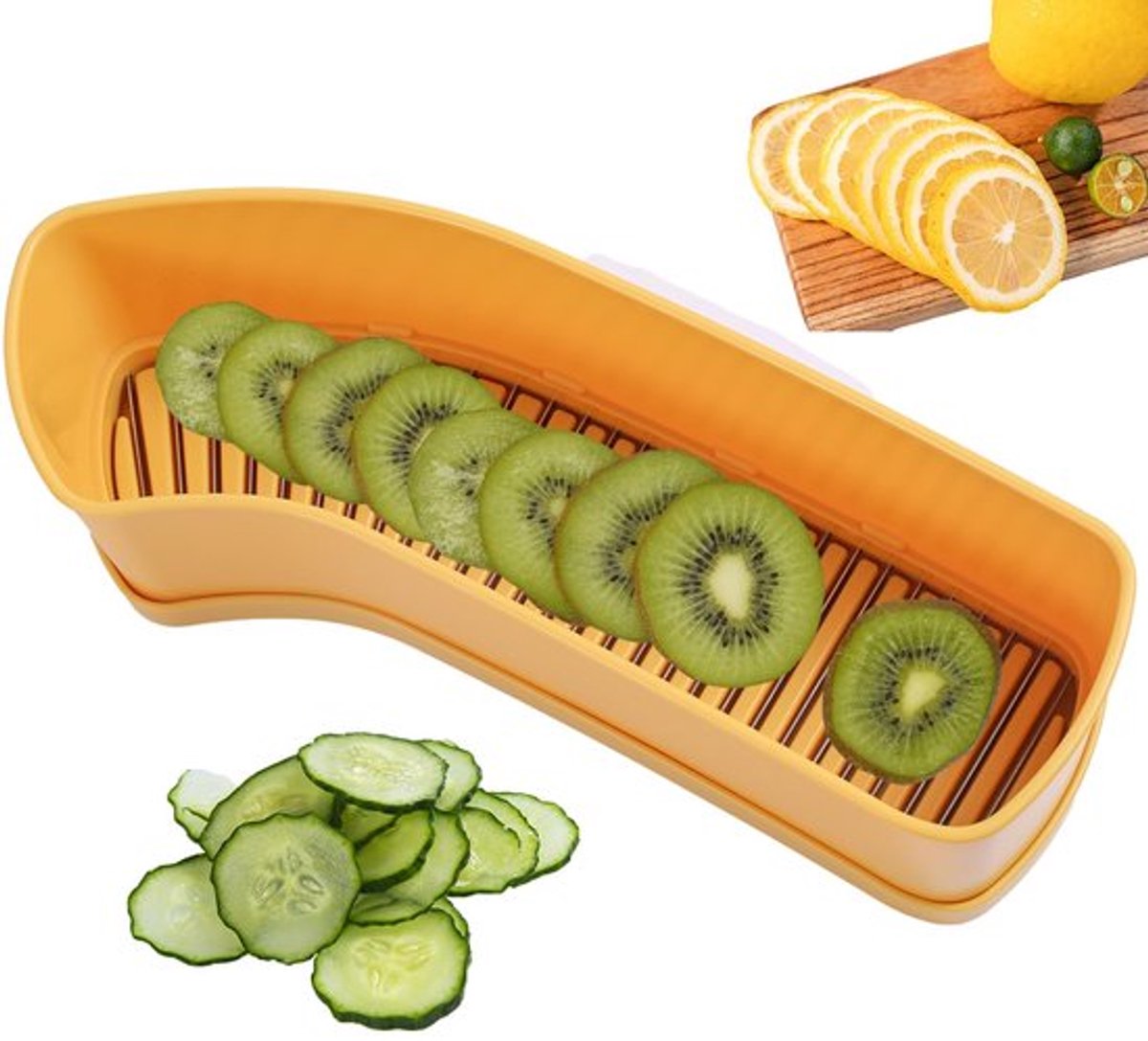 Multifunctionele fruitsnijder, komkommersnijder, bananensnijder, draagbaar snijgereedschap voor keukenfruit, druiven, eieren, hotdogs, snelle maaltijdbereiding (geel)