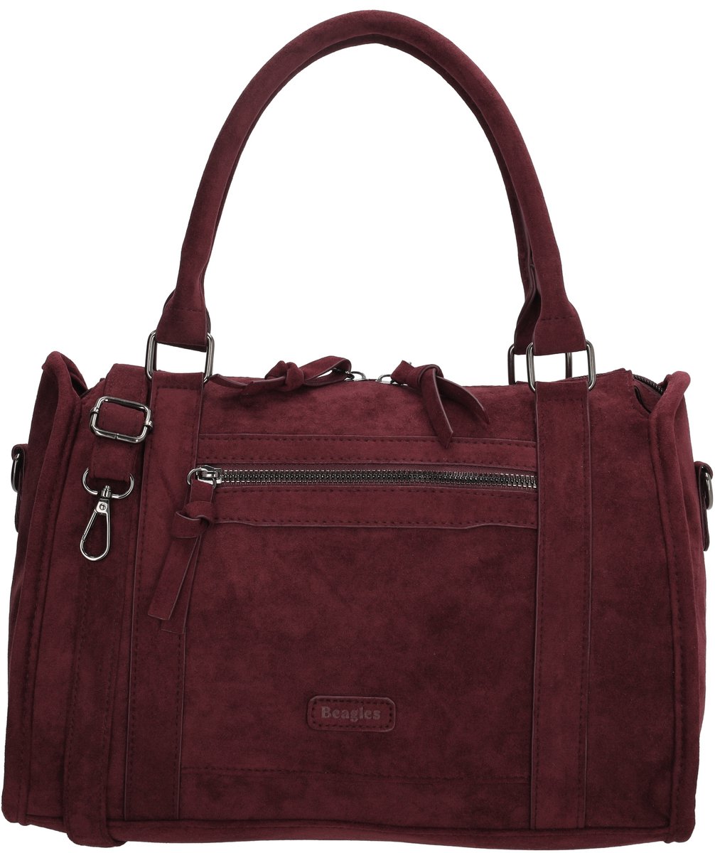 Beagles Ako Handtas - Schoudertas - Faux Suede - Dames Tas - Voor en Achterritsvak - Afneembare Schouderband - Shopper - Bordeaux rood