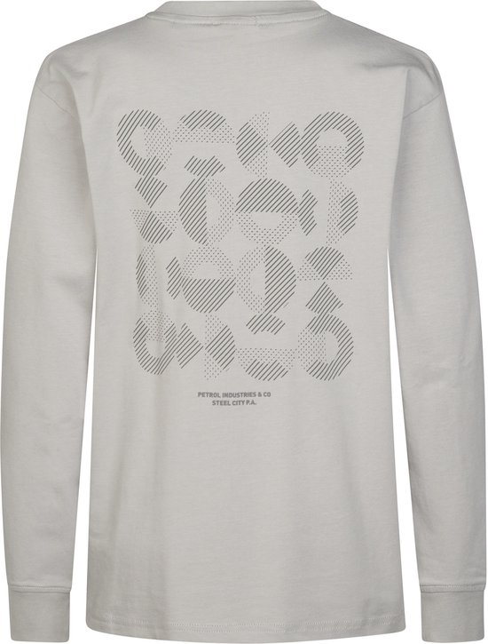 Achterkant van een lichtgrijze longsleeve met geometrische print en merknaam.