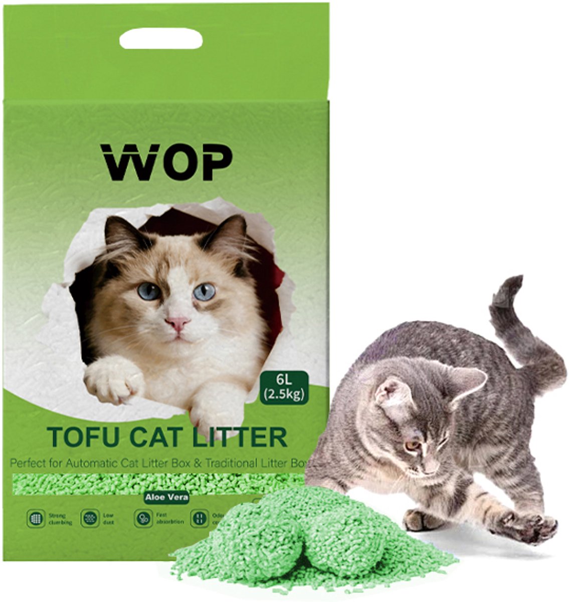 TOFU kattenbakvulling - Aloe Vera - WOP - Kattoilet - 6L - 2.5KG