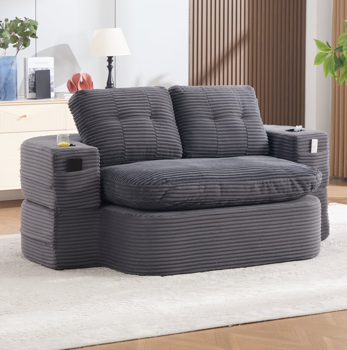 Wishdor - Slaapbank - 2-in-1 met ligfunctie - hoge rugleuning en extra diepe zitting - vintage woonstijl - woonkamer of logeerkamer - cord - donkergrijs - 165 x 97 x 61 cm
