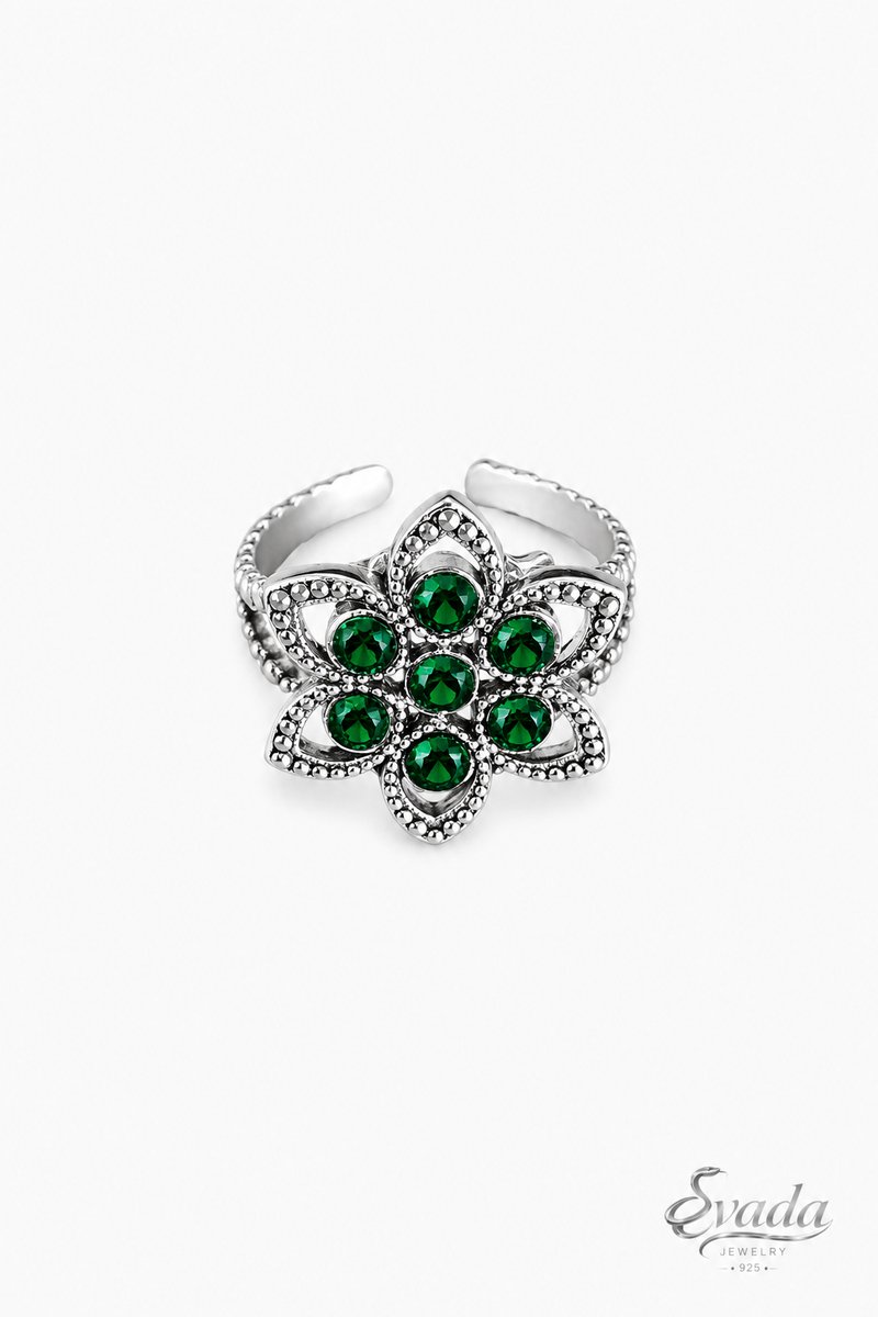 925 Sterling Zilver Statement Ring met Groene Stenen – Bloem Design – Verstelbare Damesring – Green Stone Flower Ring – Bague Fleur Pierre Verte – EVADA Jewelry